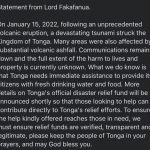 【速報】大噴火のあったトンガ王国、緊急声明！！！！！！！